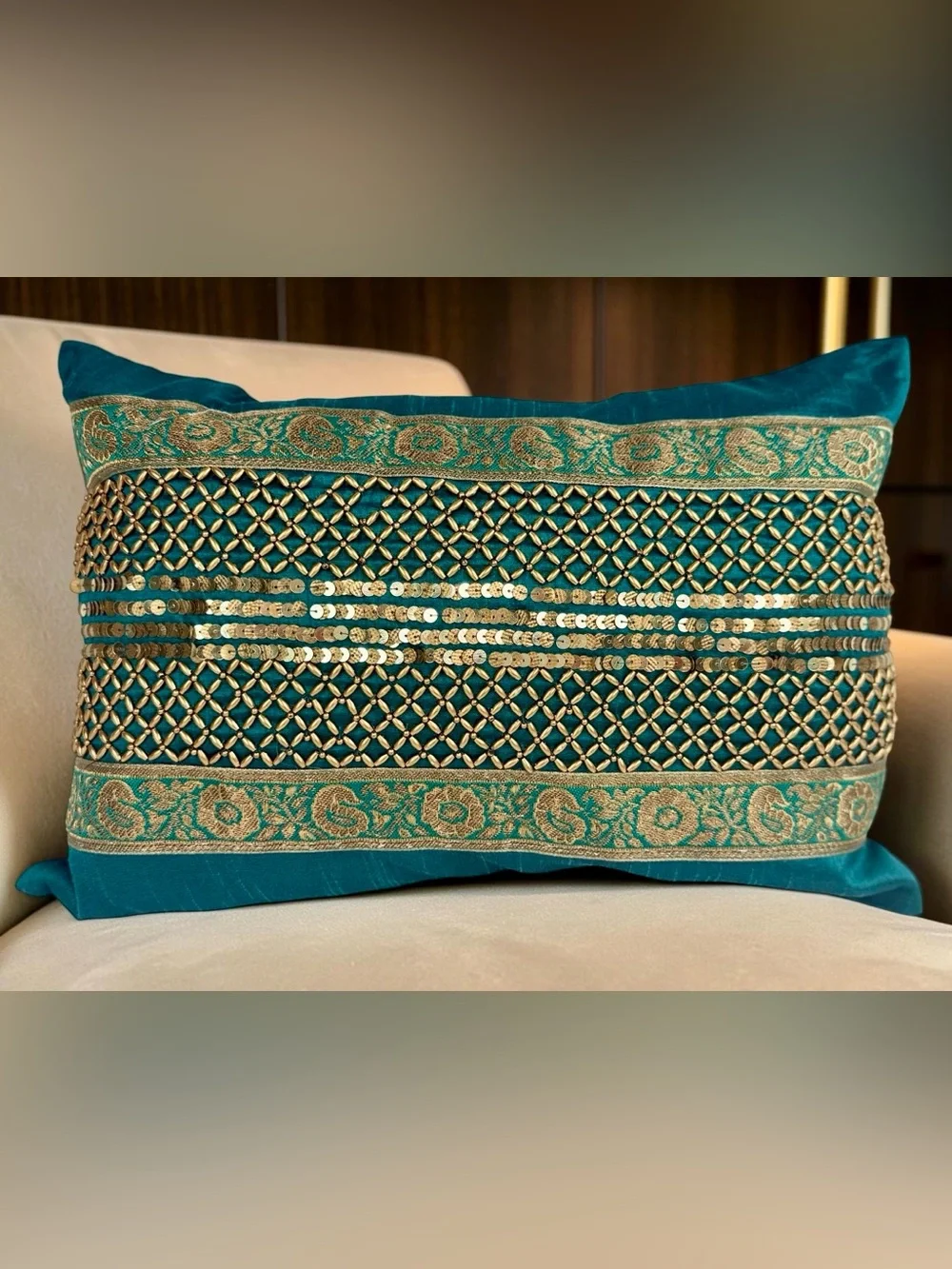 Pier 1 Imports Teal Gold Beaded Sequin Lumbar Pillows SET OF 2 13x19 inches